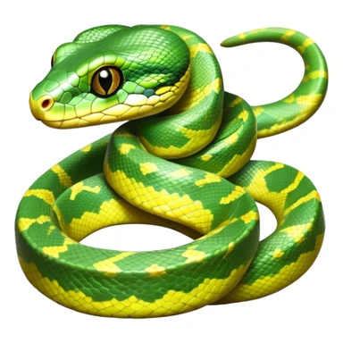 cinematic-green tree python-realistic-full-body-coiled-emoji,-thick-scaled-body-looped-tightly,-intricate-tellow and green-patterned-scales-reflecting-light,-head-tilted-dramatically,-cute-eyes-staring-calmly,-simplified-yet-realistic-focused-feature sticker
