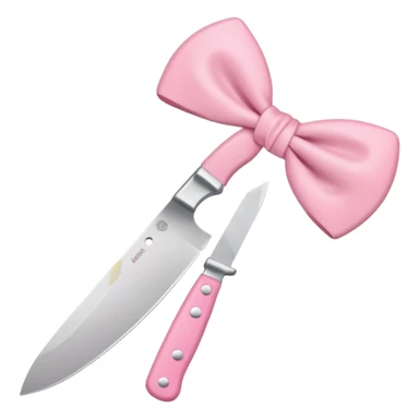 Cute emoji style illustration of a kitchen knife with a pink bow tied directly around the handle of the knife, not floating, not separate, kawaii style, rounded shapes, pastel colors, friendly look, flat vector design, white or transparent background, simple emoji icon sticker