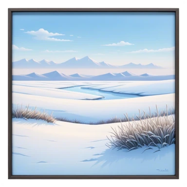 Cinematic Realistic Tundra Emoji in a wooden frame, Vast and cold, with wide expanses of snow-covered ground, sparse grasses poking through, and the occasional hardy shrub breaking up the pale white landscape. The sky above is a pale, frosty blue, and the light reflects off the snow, creating a serene yet starkly beautiful environment. Soft glowing outline, capturing the essence of a quiet, still, frozen wilderness where life endures despite the harsh conditions. sticker