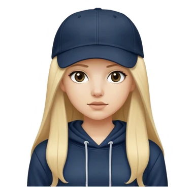 White girl with long straight blonde hair with a middle part wearing a black baggy hoodie with a navy blue baseball cap on. Make the hoodie black with no strings on it  sticker