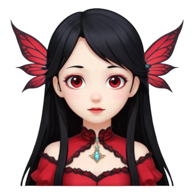Gothic anime fairy with long beautiful black hair and red dress, pastelcore, sticker