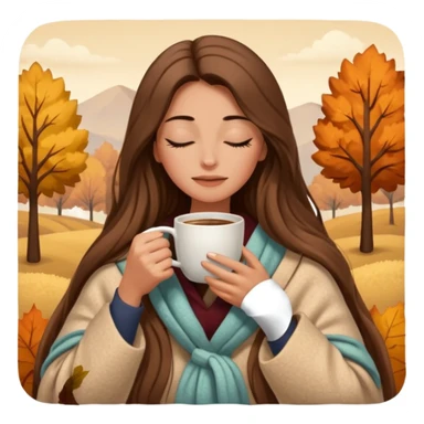 long brown hair woman closed eyes hiding under a cozy wool beige blanket, holding cup of coffee, autumn mood sticker