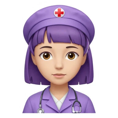 A young female slim nurse with short Brown hair with fringe over her forehead, wearing larvendar purple working cloth sticker