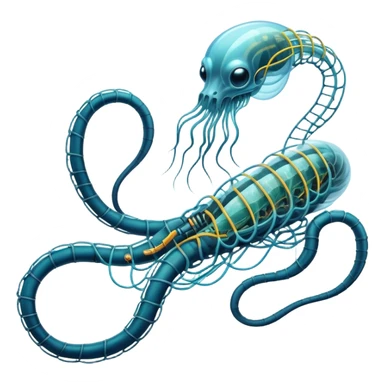 A high-tech serpent made of electric wires and cables with rubber scales that reveal its electric skeleton, possessing both jellyfish-like tendrils and the ability to generate electrical pulses that illuminate the ocean depths. sticker
