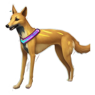  brindle brown black maroon striped lurcher Alsatian fox running blue eyes and iridescent holographic oilslick harness wearing paper iridescent tropical flower crown yellow caution tape sticker