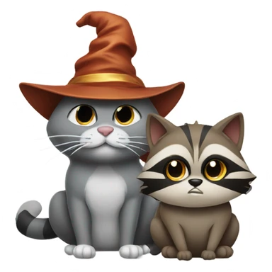 Grey cat with wizard hat sitting next to brown angry raccoon cat sticker