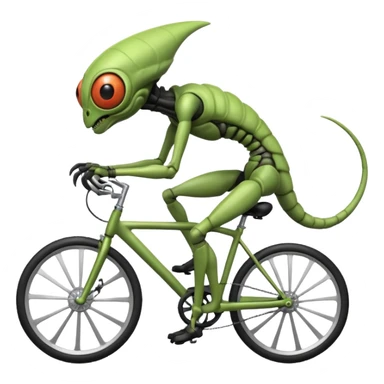 insectoid alien riding a bicycle, bug-like eyes, segmented limbs, strange but fun cycling pose, sci-fi creature vibe, 3D cartoon, mobile game icon style, clean background, no text, no watermark
 sticker