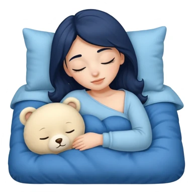 single-girl-in-Warm Cream-cozy-blue-bed-sleeping-pretty-eyelashes-light-skin-with toy sticker