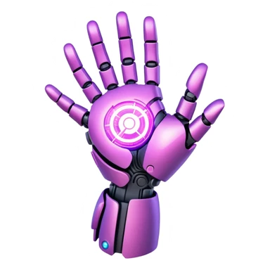 Earth held by a futuristic robotic hand, glowing with purple and pink digital lines, with a high-tech and futuristic atmosphere sticker