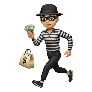 Make a man wear a black pant and he shirt is balck line and white line and wear a black hat and he holding a money bag and he running he wear a black eye thing sticker