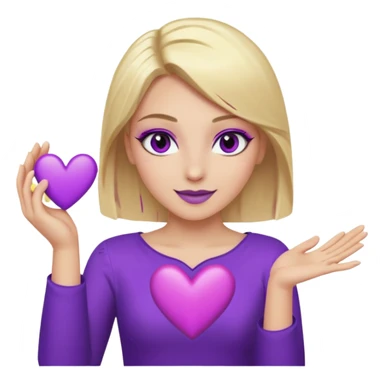 twitch emote, kinda chibi style. blonde hair: long, straight, no bangs. gray eyes. an eyebrow with a slit. purple eyeshadow/eyeliner with gold eyeshadow. only face and arms, hands visible. happy, holding a purple heart. white background. sticker