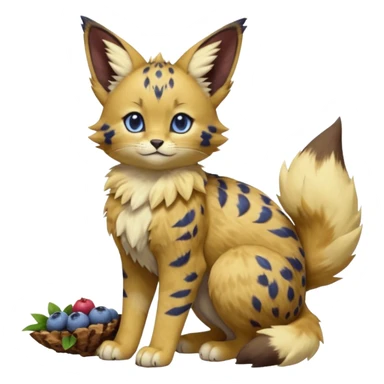 Blueberry-brownie-muffin-themed puffy fluffy thick bushy brownish soft realistic romantic vintage antique divine beautiful elegant pretty precious cute young youthful  Fakémon-Pokémon-feline-Zeraora-Jolteon-serval-caracal-chinchilla-Minccino-Cinccino-Meowstic-rodent-hybrid-creature (full body) sticker