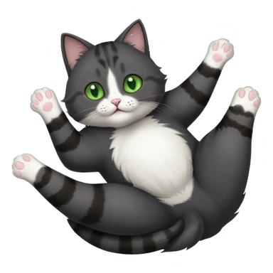 dark grey cat with green eyes, white toes/paws and white patch on her chest playfully rolling upside down sticker
