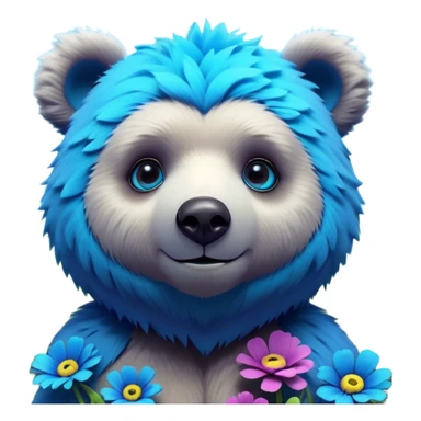 3D, adorable little Pixar style blue neon punk bear in a field of flowers, ultra detailed, each lash, eye, and strand of fur is shown in stunning detail as though captured in a timeless photograph, rich textures, visually rich, so lifelike it feels like it could leap off the page at any moment sticker