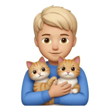 "Apple Memoji style 3D character, a young man person gently petting and hugging a cute fluffy cat, peaceful and happy facial expressions, soft studio lighting, clean 3D clay render, vibrant colors, minimalist aesthetic, high detail, high resolution, isolated on a plain white background." sticker