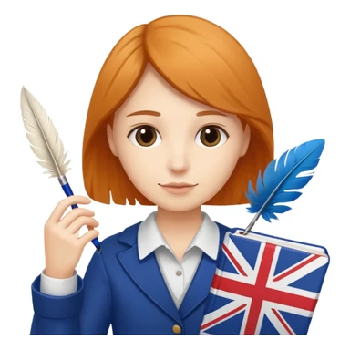 someone who is writing with a feather on a notebook, with an UK flag in the background sticker