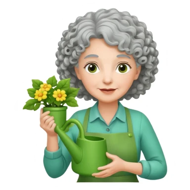Older female florist – curly hair, hold garden watering pot sticker