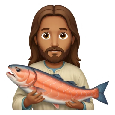 Jesus with long brown hair and a long beard holding a salmon sticker