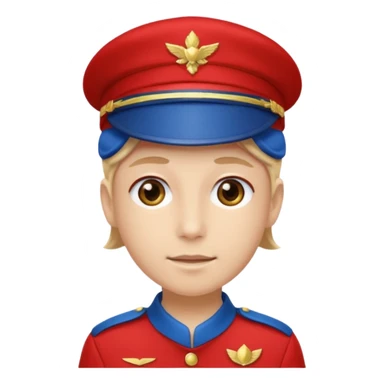 Vendeur comptoir habiller en rouge portant une casquette bleueu sticker