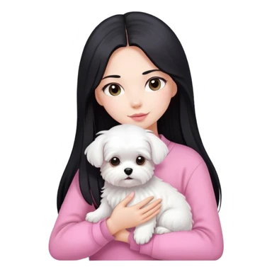 Beautiful girl with long straight black hair, fair skin, wearing pink clothes, holding a pure white fluffy Maltese dog sticker