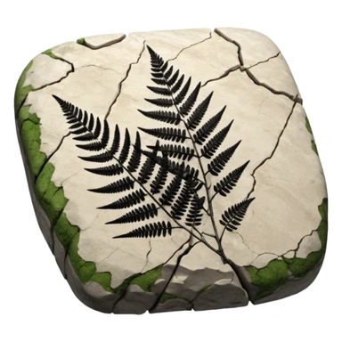 3D render of Fern Imprint, embedded in a chunk of rough sedimentary rock, cracked stone texture, ancient fossil aesthetic, black carbon imprint on a white limestone rock, matte dry finish, Apple emoji style, isolated on white background --v 6.0 sticker