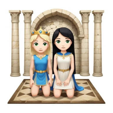 King, standing, black Hair, blue eyes, female servant, blonde, green eyes, shott white sleveless dress, kneeling, background palace sticker