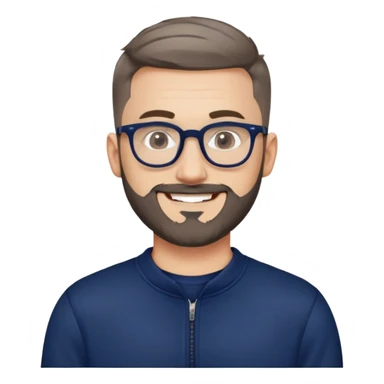 Fair-skinned man with oval face, extremely short tight haircut (very short on top, skin fade on sides), short salt and pepper beard, large black-framed glasses, smiling, wider body type, wearing navy blue long sleeve zip sweatshirt sticker
