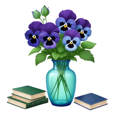 Aesthetically arranged books in dark green and next to them a bouquet of blue pansies in a light green glass vase sticker