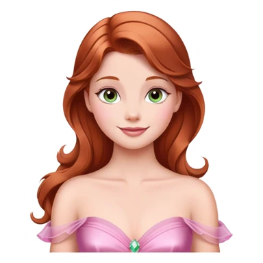 Cinematic Radiant Sleeping Beauty Portrait Emoji, rendered in a realistic, vector style with clean proportions. Show Aurora with a gentle smile, porcelain skin, and beautifully styled auburn hair, wearing her classic pink gown. The image glows with a soft, inviting radiance and high shine, accentuated by a soft glowing outline that enhances her graceful charm. sticker