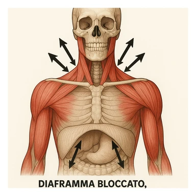 vista anteriore con diaframma bloccato, muscoli del collo e scapole evidenziati, frecce che mostrano la direzione della tensione, didascalia in italiano sticker