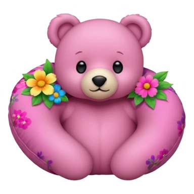 pink teddy bear, floral neck pillow with bright flowers sticker