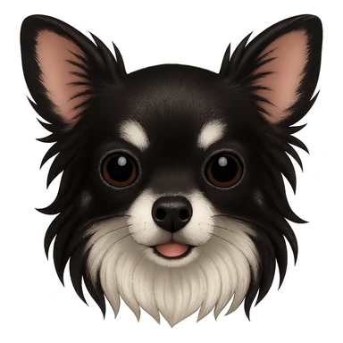 Make the chihuahua's head slimmer and add more black areas on the face while keeping the long fur and the colors black, gray, white, and cream. The style should resemble emoji style. Remove the background. sticker