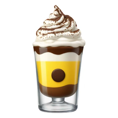 Shot glass, liquid inside is divide in two, yellow at the bottom an coffee on top covered whit a nice spry cream an chocolate powder sticker