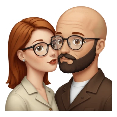 Couple. Bald man with dark brown-black beard. White woman with many small, faded freckles, she has white skin and she has auburn-brown-cinnamon, dark long hair. She has light brown eyes. The man have hazel eyes and glasses. Retro style. She kisses him. sticker