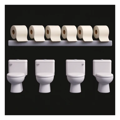 Replace the colorful objects on the shelf above the toilets with rolls of toilet paper in 3D emoji style. Keep the rest of the image unchanged. The style should resemble Microsoft style 3D fluent emojis. sticker