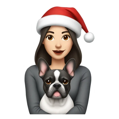 brunette woman with a dark grey French bulldog both wearing Santa hats  sticker