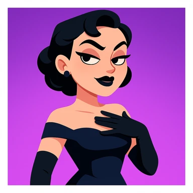 cute animated 3D cartoon character of a glamorous woman with short black hair in elegant curls, wearing a dark navy blue off-shoulder gown and long black gloves, confident slightly smug facial expression with bold dark makeup including black lipstick and sharp eyebrows, hand placed on chest as if in disbelief or sass, bright purple gradient background, mobile game character art style sticker