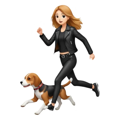 A beautiful tall girl with fair skin and long hair wearing a black leather jacket and black pants running with Beagle sticker