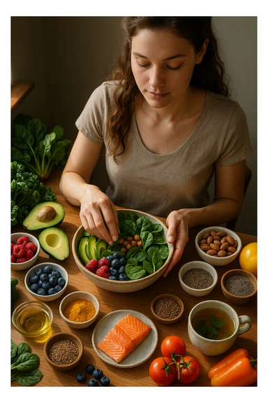 A realistic, cinematic flat-lay image of a clean wooden kitchen table filled with fresh, colorful whole foods known to help reduce androgen excess naturally. The table includes leafy greens like spinach and kale, avocados, berries, colorful vegetables, nuts, seeds (chia and flaxseeds), wild-caught salmon, and herbal teas, carefully arranged in an aesthetically pleasing, organized manner. A small glass bowl with olive oil and another with turmeric powder are included, emphasizing anti-inflammatory properties. In the scene, a young woman with clear, healthy skin and a calm expression is preparing a bowl with these ingredients, symbolizing a hormone-balancing diet. Warm, natural daylight streams in, creating a cozy and inviting atmosphere. The style is hyper-realistic 35mm photography, with vibrant yet soft colors, showcasing textures of the fresh produce and the peaceful vibe of using nutrition to support hormonal balance sticker