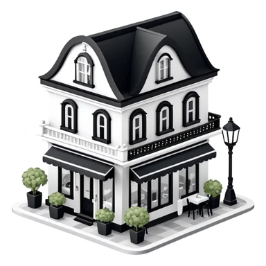 Isometric exterior little black and white fancy restaurant dollhouse style 3D realistic  sticker