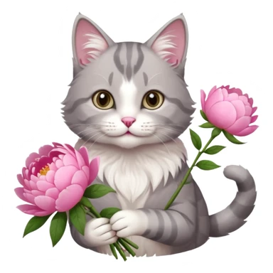Cute cat Handing pink peonies like reaching a hand and handing them out a bouquet of them not a physical hand the cats hand  make the cat fluffy and grey and white fluffier make the cat wear a pink coquette sticker