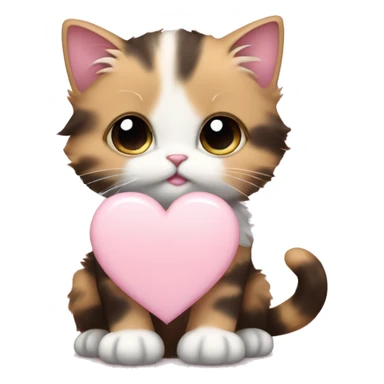 calico fluffy fat kitten with pale pink bow holding a pale pink heart sticker