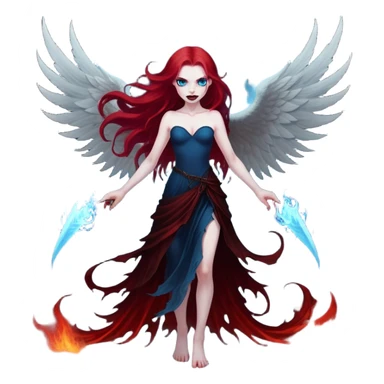 full body portrait of an extremely diabolical girl with pale white skin, massive towering wings, very long flowing blood red hair, glowing blue eyes, evil grin, no accessories, standing in thick swirling dark red and black smoke that rises up from the ground, heavy smoke effect at her feet sticker