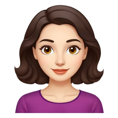Warm enthusiastic woman with light skin, oval face, soft defined features, large expressive brown eyes, medium arched eyebrows, small nose, medium lips with relaxed smile, long wavy dark brown hair styled simply, wearing a soft vibrant colored elegant blouse sticker