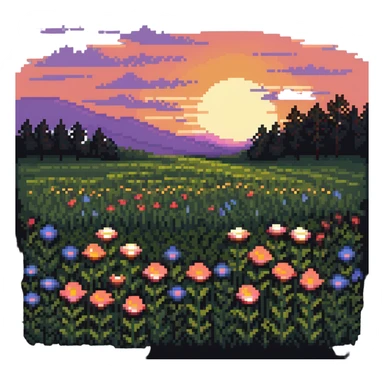 sunset over a meadow with flowers sticker