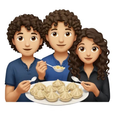 Can you create an emoji of three 23 year olds eating dumplings. One boy with wavy curly hair one Jewish girl with long dark brown curly hair and one half Indian / half white girl with mid length dark brown hair. All brown eyes sticker