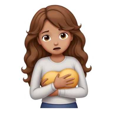 Girl with curled brown long length hair with stomach ache sticker