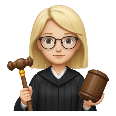 Young judge, blonde hair with glasses and robe, hold a gavel sticker