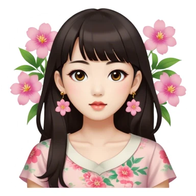 東方台灣人 有瀏海 長頭髮 眼睛偏大內雙 鼻子中等大小 有耳環 嘴巴大小厚度正常 妝容日系乾淨一點 穿碎花短袖上衣 深咖啡色頭髮 sticker