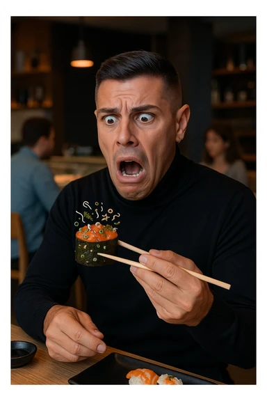a man in casual clothes is about to eat a salmon gunkan at a sushi restaurant. As he brings it closer, he spots tiny parasites and bacteria wriggling on the fish. His face contorts in a dramatic expression of shock and alarm, with his hand frozen mid-air. The setting is a modern sushi bar, with other diners in the background unaware of the situation. sticker